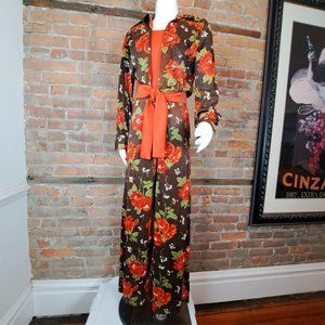 VTG Meleny Road 1970s Knit Pant Suit Brown Floral Wide Bell Bottoms Tie Waist 13